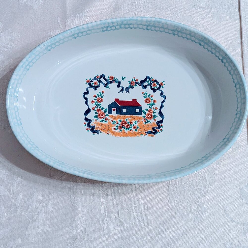 VTG Teamson 1995 Oval Stoneware Casserole Dish Blue Ribbon Country Home Pottery